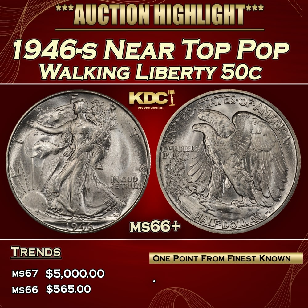 1946-s Walking Liberty Half Dollar Near Top Pop 50c ms66+ SEGS: 1946-s Near Top Pop Walking Liberty Half Dollar 50c ms66+ SEGS. 0 Historic precious metal trends is causing increased spot pricing by the day. On auctions with set openings, we are doing our best to h