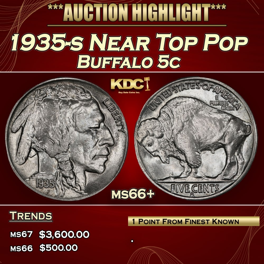 1935-s Buffalo Nickel Near Top Pop 5c ms66+ SEGS: 1935-s Near Top Pop Buffalo Nickel 5c ms66+ SEGS. 0 Historic precious metal trends is causing increased spot pricing by the day. On auctions with set openings, we are doing our best to have items pric