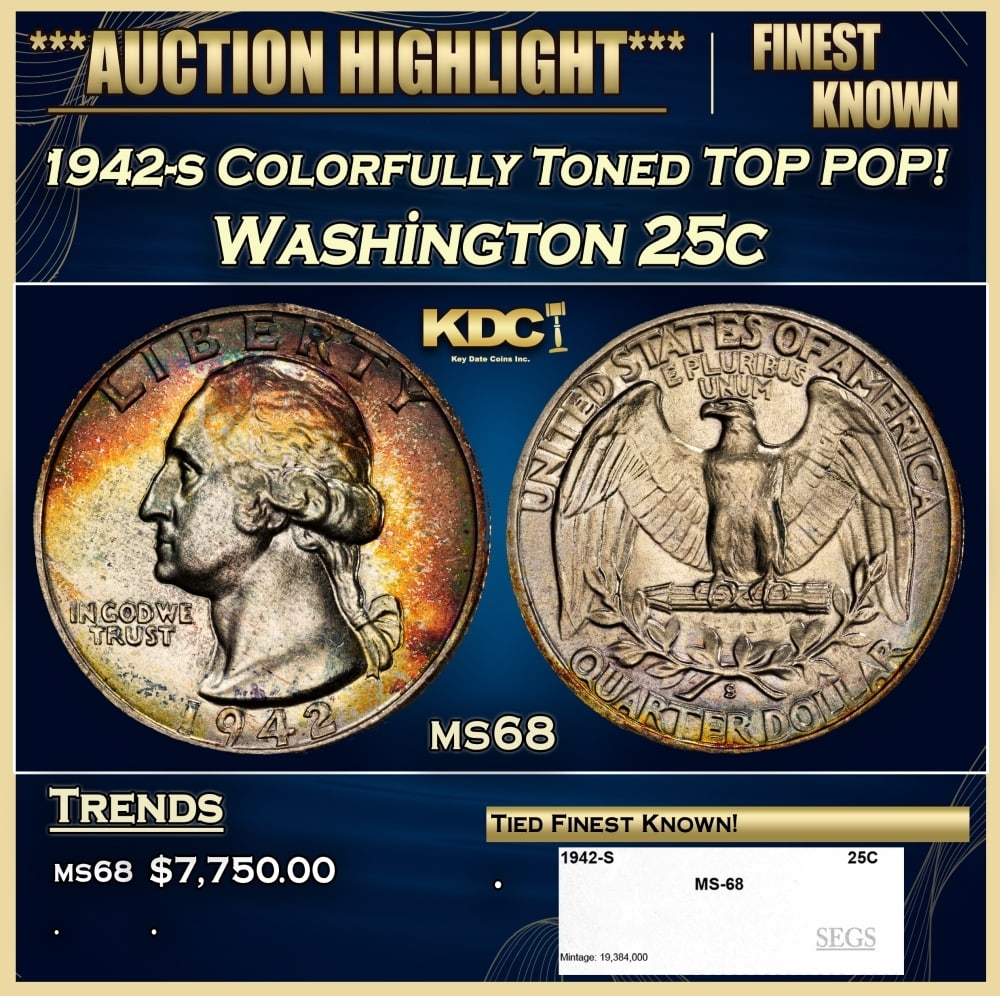 1942-s Washington Quarter Colorfully Toned TOP POP! 25c ms68 SEGS: 1942-s Colorfully Toned TOP POP! Washington Quarter 25c ms68 SEGS. 0 Historic precious metal trends is causing increased spot pricing by the day. On auctions with set openings, we are doing our best t