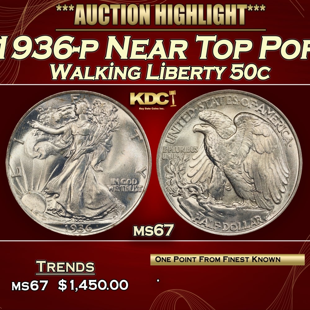 1936-p Walking Liberty Half Dollar Near Top Pop 50c ms67 SEGS: 1936-p Near Top Pop Walking Liberty Half Dollar 50c ms67 SEGS. 0 Historic precious metal trends is causing increased spot pricing by the day. On auctions with set openings, we are doing our best to ha