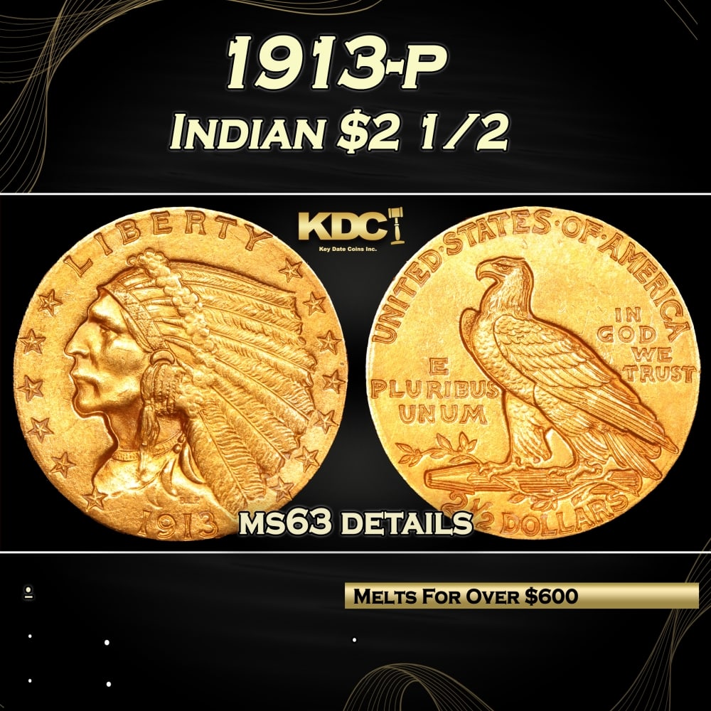 1913-p Gold Indian Quarter Eagle $2 1/2 ms63 details SEGS (1 of 3)