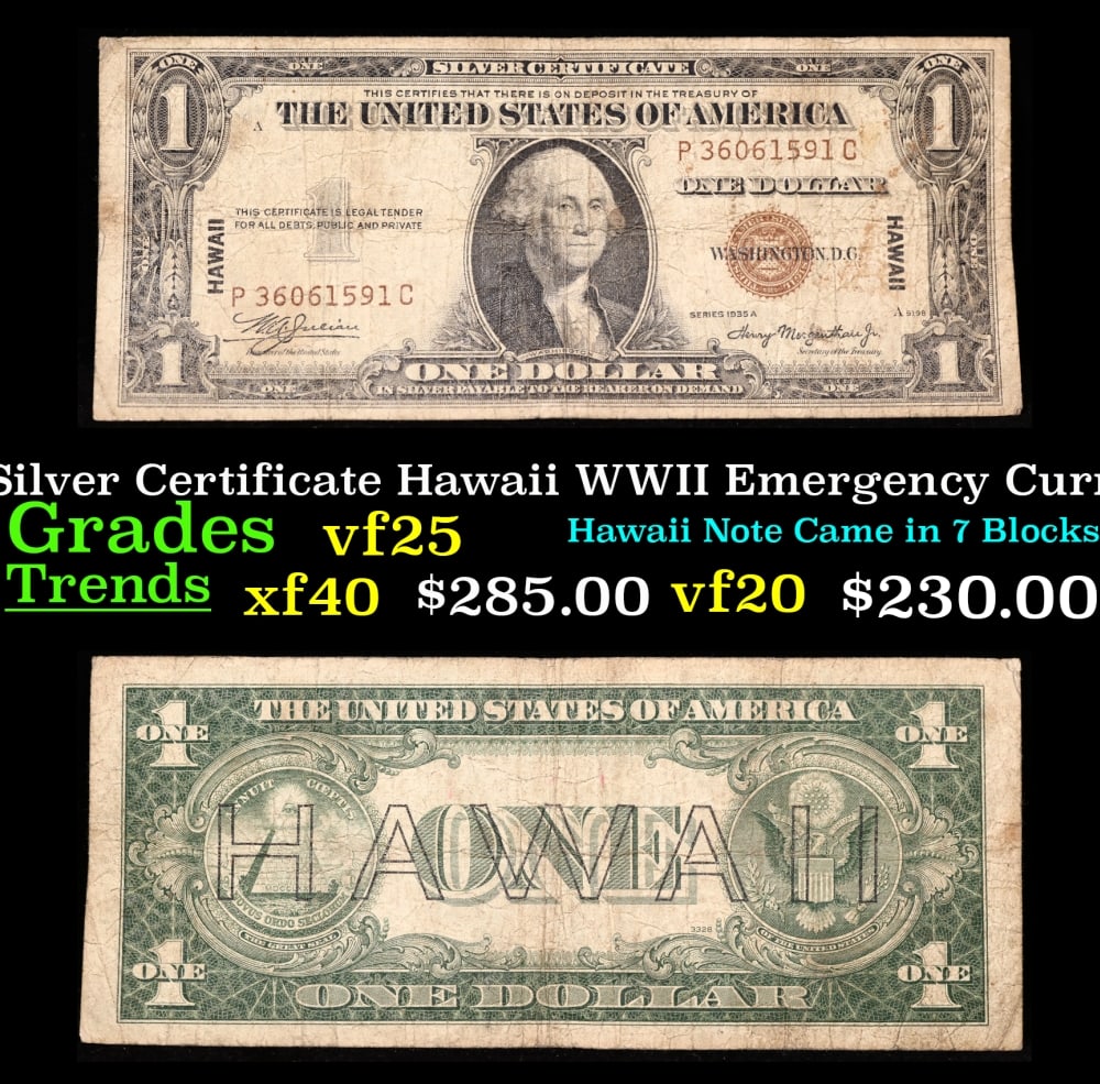 1935A $1 Silver Certificate Hawaii WWII Emergency Currency Rare PC Block Grades vf+: 1935A $1 Silver Certificate Hawaii WWII Emergency Currency Rare PC Block Grades vf+. FR-2300 The $1 Hawaii Note Came in 7 Blocks the SC Block Which is the most common, The LC, PC, CC, and YB Blocks ar