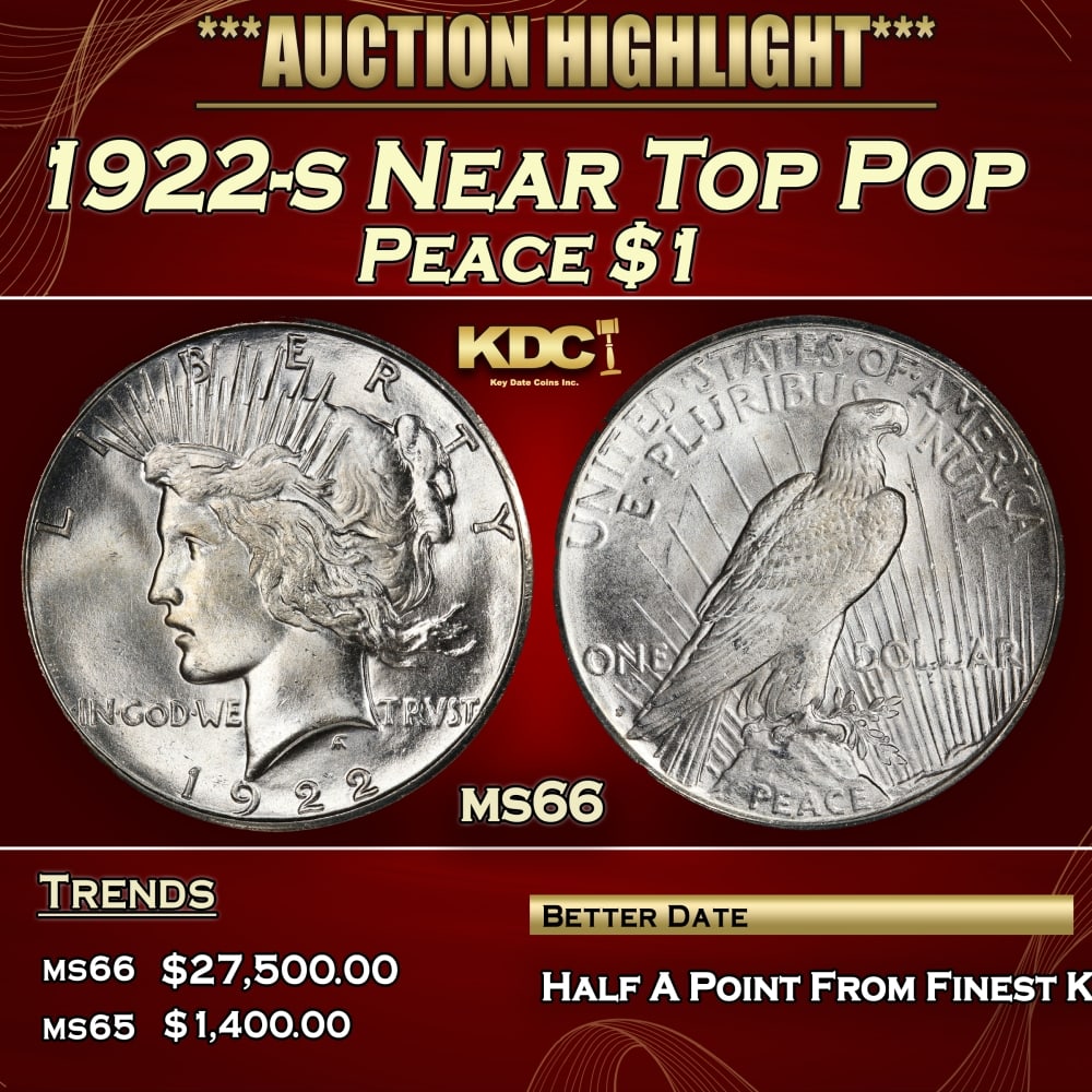 1922-s Peace Dollar Near Top Pop $1 ms66 SEGS: 1922-s Near Top Pop Peace Dollar $1 ms66 SEGS. 0 Historic precious metal trends is causing increased spot pricing by the day. On auctions with set openings, we are doing our best to have items priced