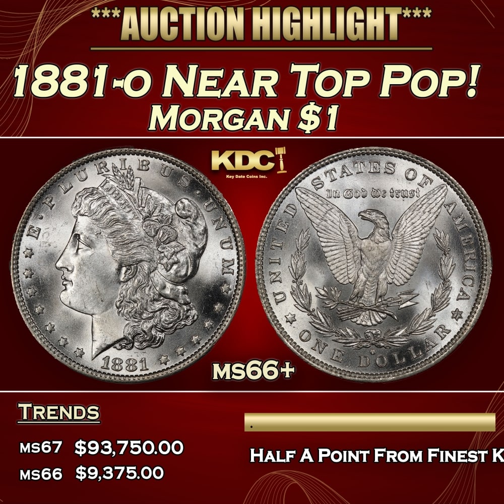 1881-o Morgan Dollar Near Top Pop! $1 ms66+ SEGS: 1881-o Near Top Pop! Morgan Dollar $1 ms66+ SEGS. 0 Historic precious metal trends is causing increased spot pricing by the day. On auctions with set openings, we are doing our best to have items pric
