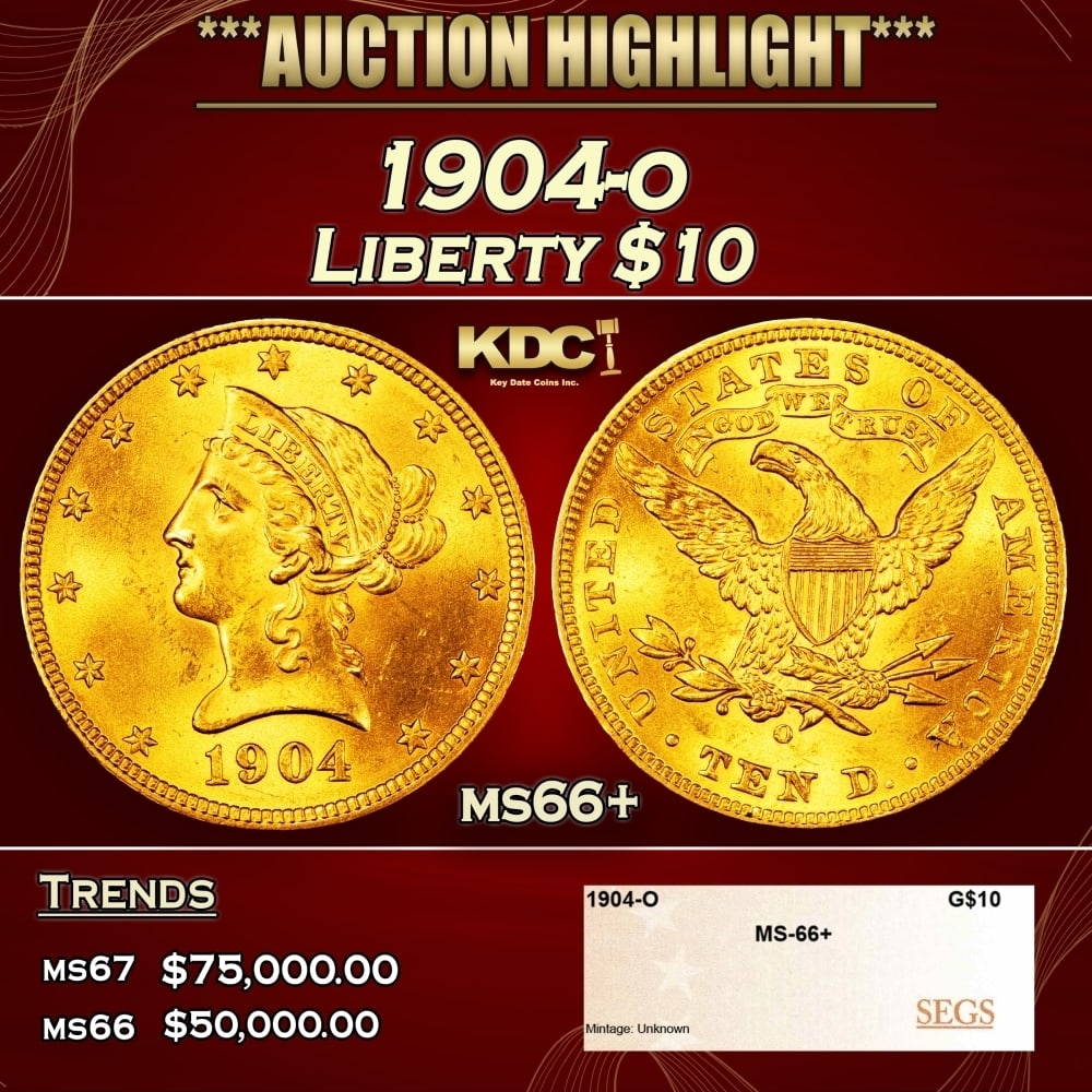 1904-o Gold Liberty Eagle $10 ms66+ SEGS: 1904-o Gold Liberty Eagle $10 ms66+ SEGS. 0 Historic precious metal trends is causing increased spot pricing by the day. On auctions with set openings, we are doing our best to have items priced at th