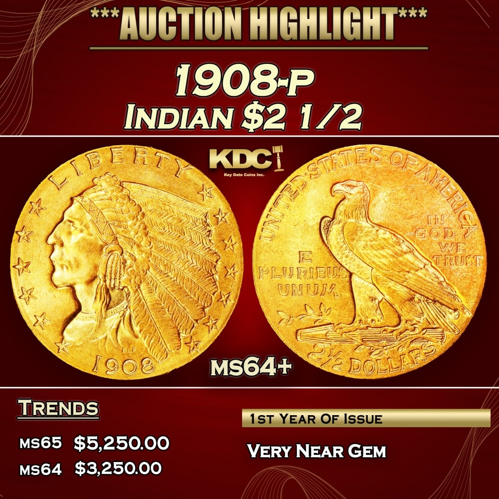 1908-p Gold Indian Quarter Eagle $2 1/2 ms64+ SEGS: 1908-p Gold Indian Quarter Eagle $2 1/2 ms64+ SEGS. Historic precious metal trends is causing increased spot pricing by the day. On auctions with set openings, we are doing our best to have items pric
