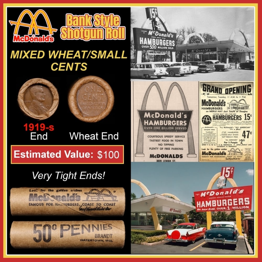 Lincoln Wheat Cent 1c Mixed Roll Orig Brandt McDonalds Wrapper, 1919-s end, Wheat other end: Lincoln Wheat Cent 1c Mixed Roll Orig Brandt McDonalds Wrapper, 1919-s end, Wheat other end. Lincoln Wheat Cent 1c mixed original Shotgun Roll. Actual roll pictured is the roll you will get. A great o