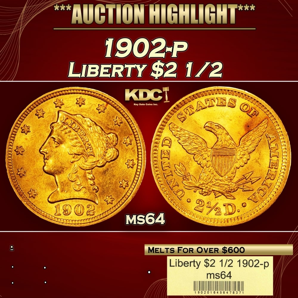 1902-p Gold Liberty Quarter Eagle $2 1/2 ms64 USCG (1 of 4)