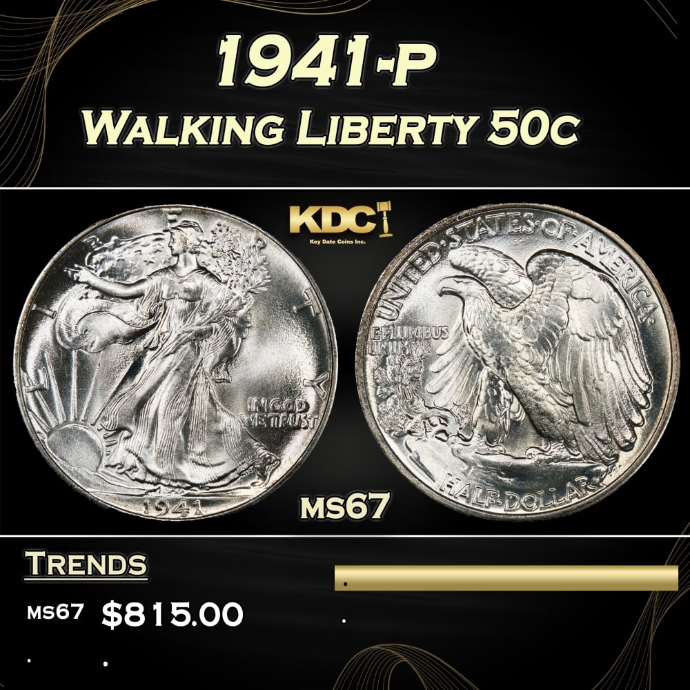 1941-p Walking Liberty Half Dollar 50c ms67 SEGS: 1941-p Walking Liberty Half Dollar 50c ms67 SEGS. 0 Historic precious metal trends is causing increased spot pricing by the day. On auctions with set openings, we are doing our best to have items pric