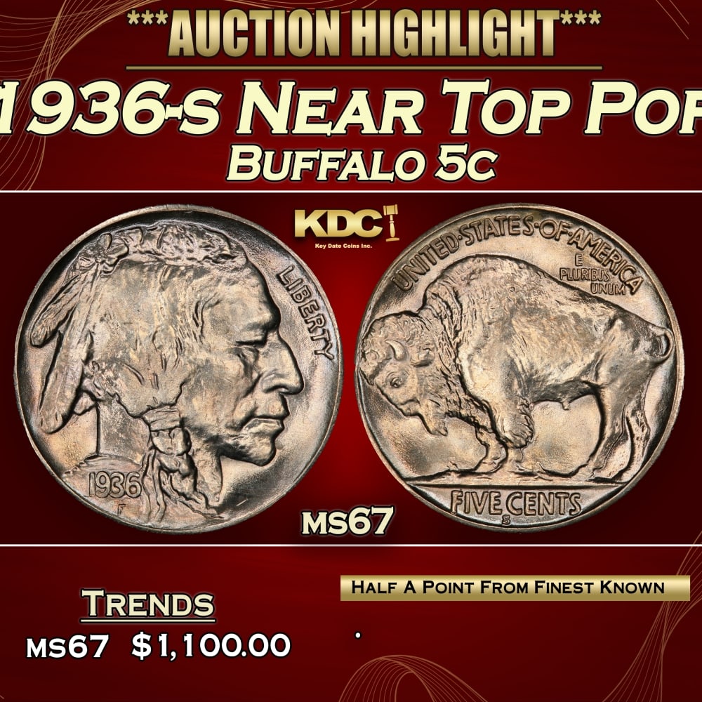 1936-s Buffalo Nickel Near Top Pop 5c ms67 SEGS: 1936-s Near Top Pop Buffalo Nickel 5c ms67 SEGS. 0 Historic precious metal trends is causing increased spot pricing by the day. On auctions with set openings, we are doing our best to have items price