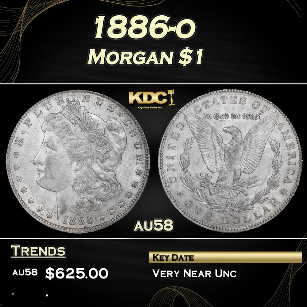 1886-o Morgan Dollar $1 Grades au58: 1886-o Morgan Dollar $1 Grades au58. 0 Historic precious metal trends is causing increased spot pricing by the day. On auctions with set openings, we are doing our best to have items priced