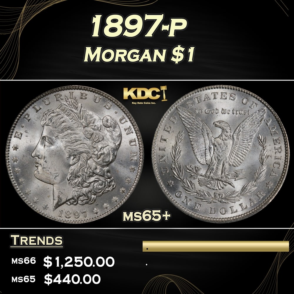 1897-p Morgan Dollar $1 Grades ms65+: 1897-p Morgan Dollar $1 Grades ms65+. 0 Historic precious metal trends is causing increased spot pricing by the day. On auctions with set openings, we are doing our best to have items priced