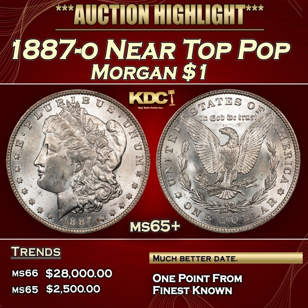 1887-o Morgan Dollar Near Top Pop $1 ms65+ SEGS: 1887-o Near Top Pop Morgan Dollar $1 ms65+ SEGS. 0 Historic precious metal trends is causing increased spot pricing by the day. On auctions with set openings, we are doing our best to have items price