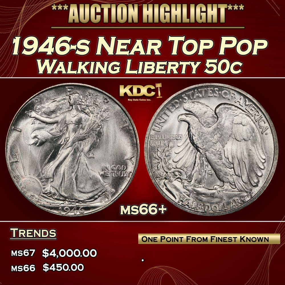 1946-s Walking Liberty Half Dollar Near Top Pop 50c ms66+ SEGS: 1946-s Near Top Pop Walking Liberty Half Dollar 50c ms66+ SEGS. 0 Historic precious metal trends is causing increased spot pricing by the day. On auctions with set openings, we are doing our best to h