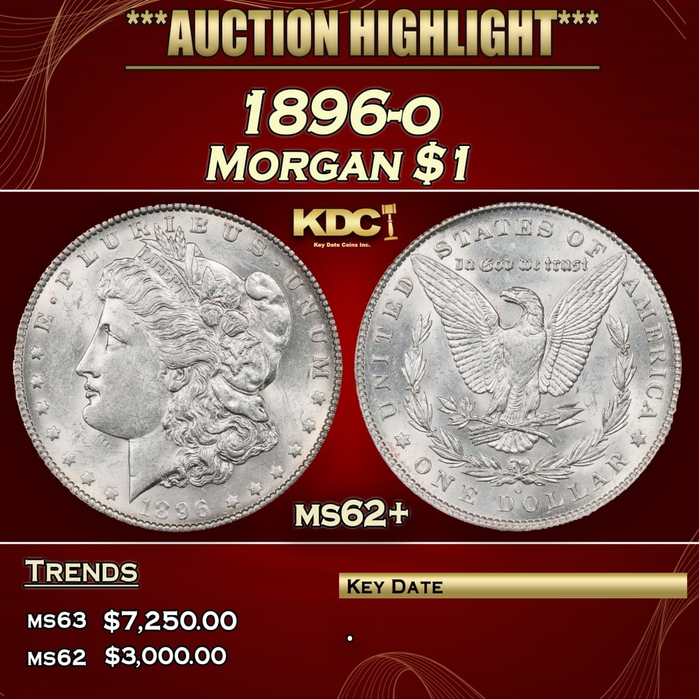 1896-o Morgan Dollar $1 ms62+ USCG: 1896-o Morgan Dollar $1 ms62+ USCG. 0 Historic precious metal trends is causing increased spot pricing by the day. On auctions with set openings, we are doing our best to have items priced at their ma