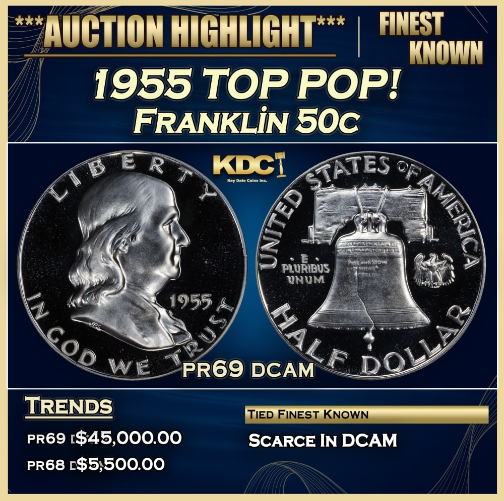 1955 Proof Franklin Half Dollar TOP POP! 50c pr69 dcam SEGS: 1955 TOP POP! Franklin Half Dollar 50c pr69 dcam SEGS. Historic precious metal trends is causing increased spot pricing by the day. On auctions with set openings, we are doing our best to have items p