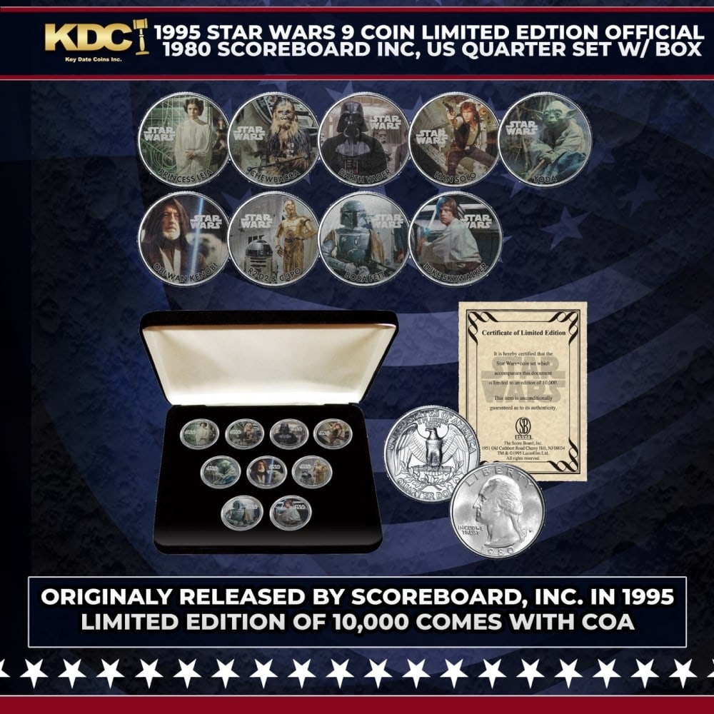 1995 STAR WARS 9 Coin Limited Edtion Official 1980 Scoreboard Inc, US Quarter Set w/ Box Other Toy: 1995 STAR WARS 9 Coin Limited Edtion Official 1980 Scoreboard Inc, US Quarter Set w/ Box. Star Wars transcends mere cinema. Over its impressive 40-plus years as a staple of entertainment, it has evolv