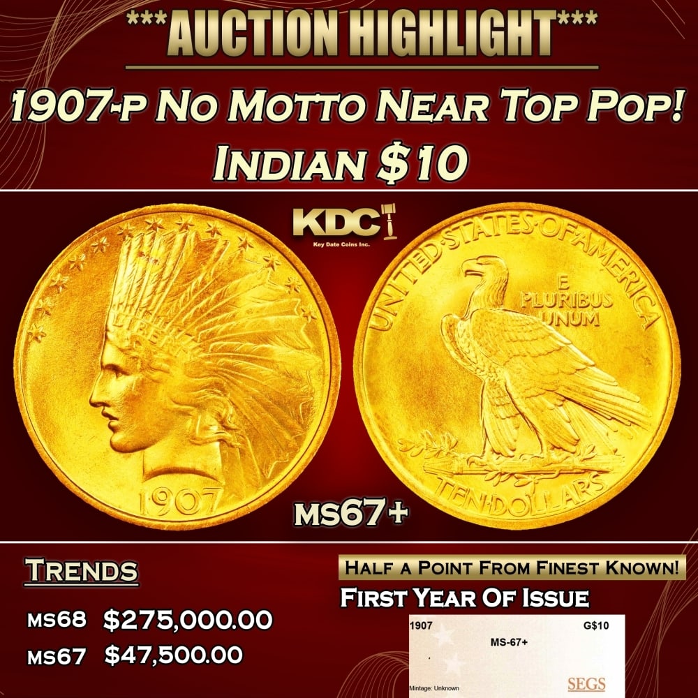 1907-p No Motto Gold Indian Eagle Near Top Pop! $10 ms67+ SEGS: 1907-p No Motto Near Top Pop! Gold Indian Eagle $10 ms67+ SEGS. A Key Date's Pick, Bid to Win, Don't let it get Away, you might not find its equal Coin. I give this coin my highest recommendationHisto