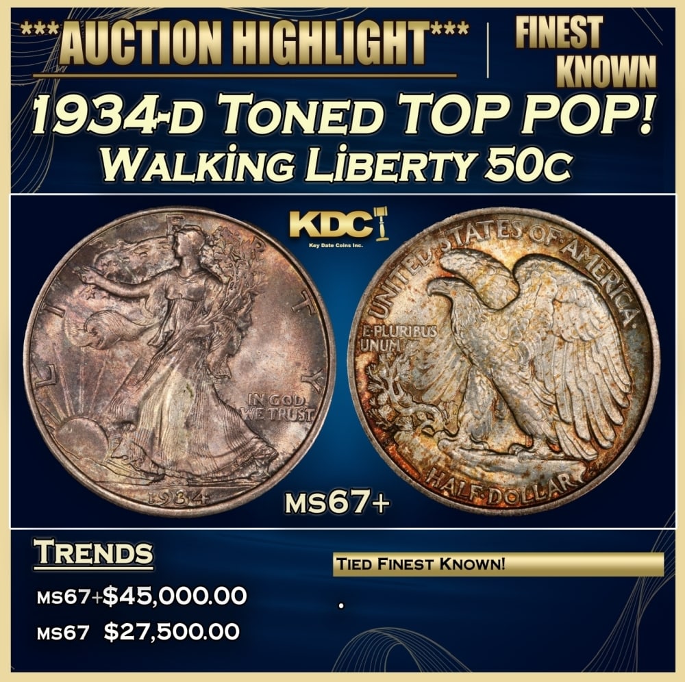 1934-d Walking Liberty Half Dollar Toned TOP POP! 50c ms67+ SEGS (1 of 3)