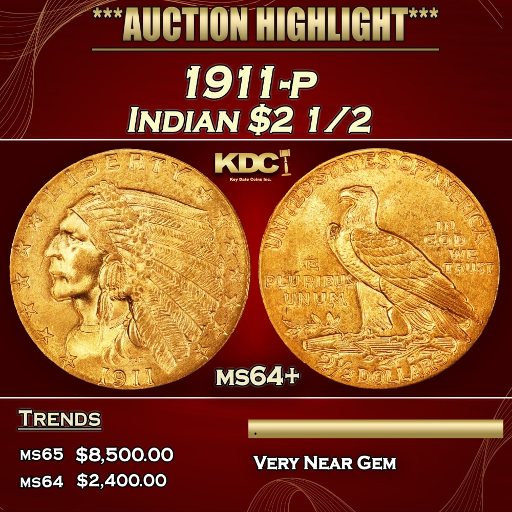 1911-p Gold Indian Quarter Eagle $2 1/2 ms64+ SEGS: 1911-p Gold Indian Quarter Eagle $2 1/2 ms64+ SEGS. Historic precious metal trends is causing increased spot pricing by the day. On auctions with set openings, we are doing our best to have items pric