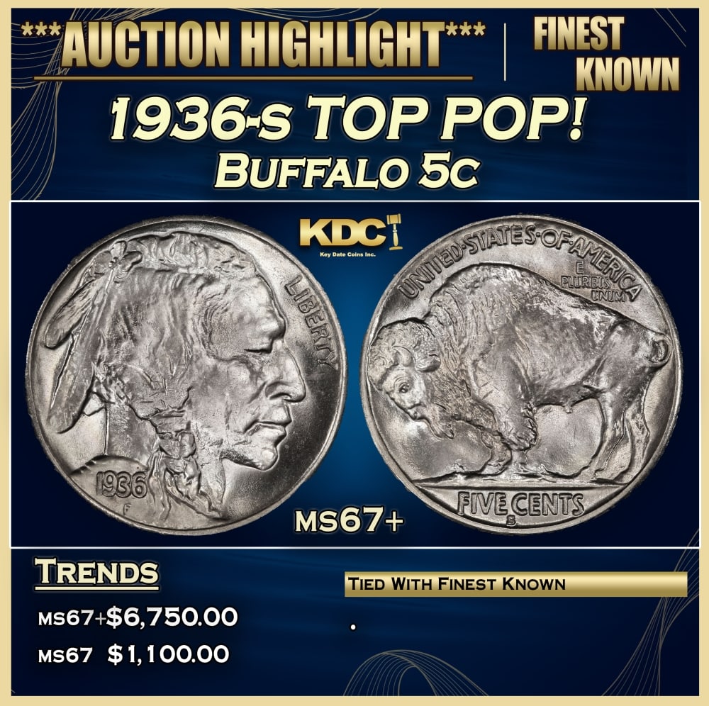 1936-s Buffalo Nickel TOP POP! 5c ms67+ SEGS: 1936-s TOP POP! Buffalo Nickel 5c ms67+ SEGS. 0 Historic precious metal trends is causing increased spot pricing by the day. On auctions with set openings, we are doing our best to have items priced a