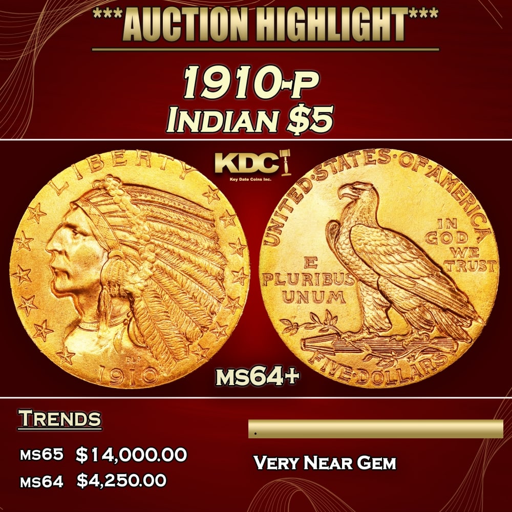 1910-p Gold Indian Half Eagle $5 ms64+ USCG (1 of 3)
