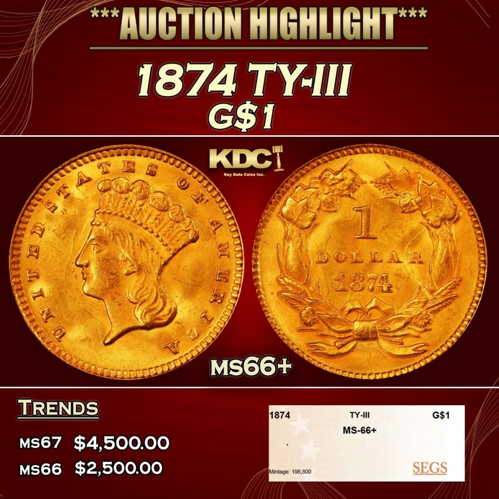 1874 Gold Dollar TY-III $1 ms66+ SEGS: 1874 TY-III Gold Dollar $1 ms66+ SEGS. 0 Historic precious metal trends is causing increased spot pricing by the day. On auctions with set openings, we are doing our best to have items priced at their
