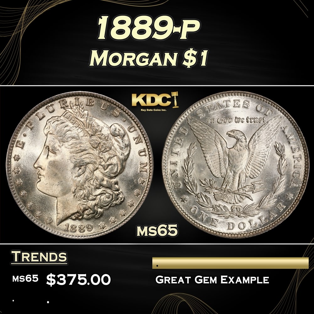 1889-p Morgan Dollar $1 Grades ms65: 1889-p Morgan Dollar $1 Grades ms65. 0 Historic precious metal trends is causing increased spot pricing by the day. On auctions with set openings, we are doing our best to have items priced at their m