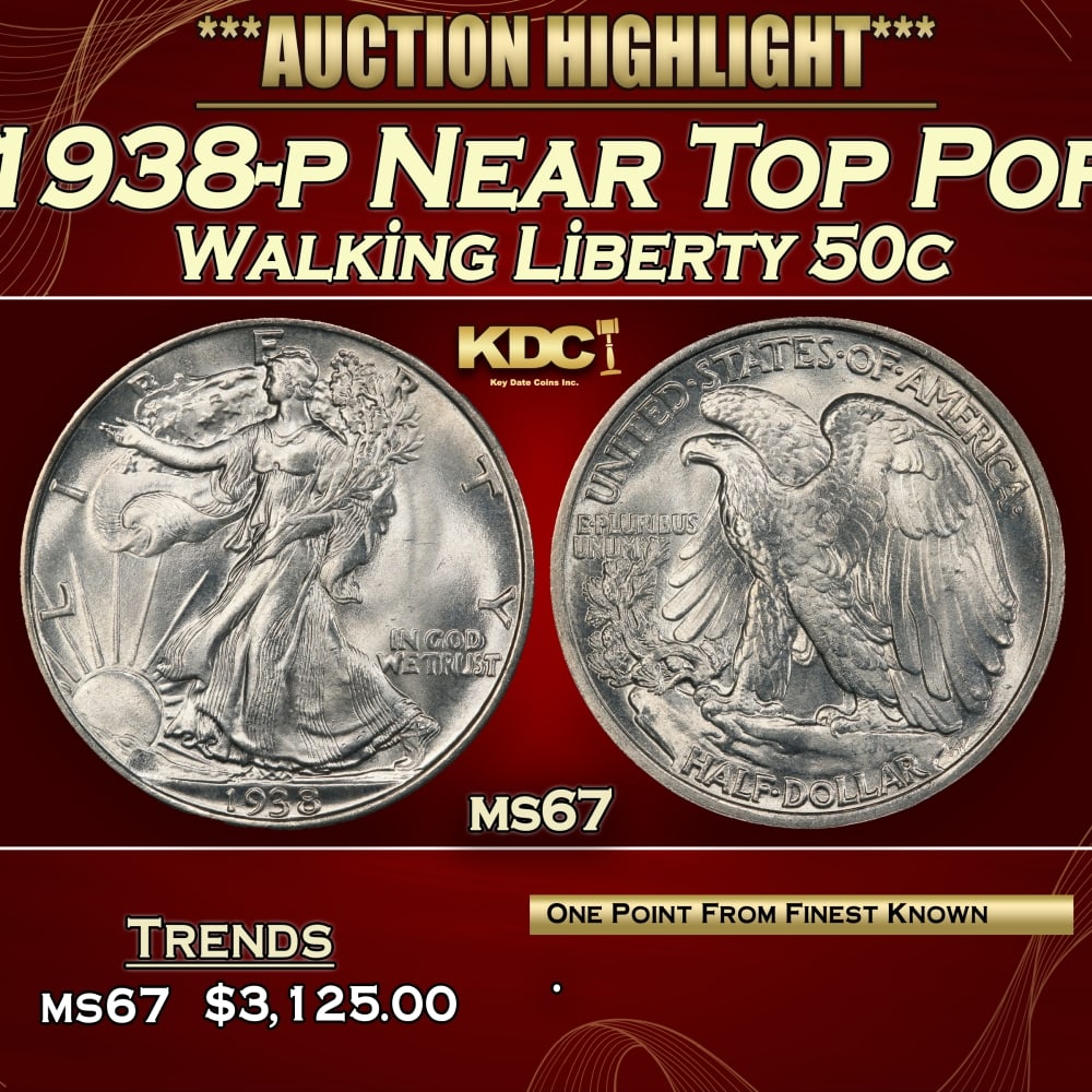 1938-p Walking Liberty Half Dollar Near Top Pop 50c ms67 SEGS: 1938-p Near Top Pop Walking Liberty Half Dollar 50c ms67 SEGS. 0 Historic precious metal trends is causing increased spot pricing by the day. On auctions with set openings, we are doing our best to ha