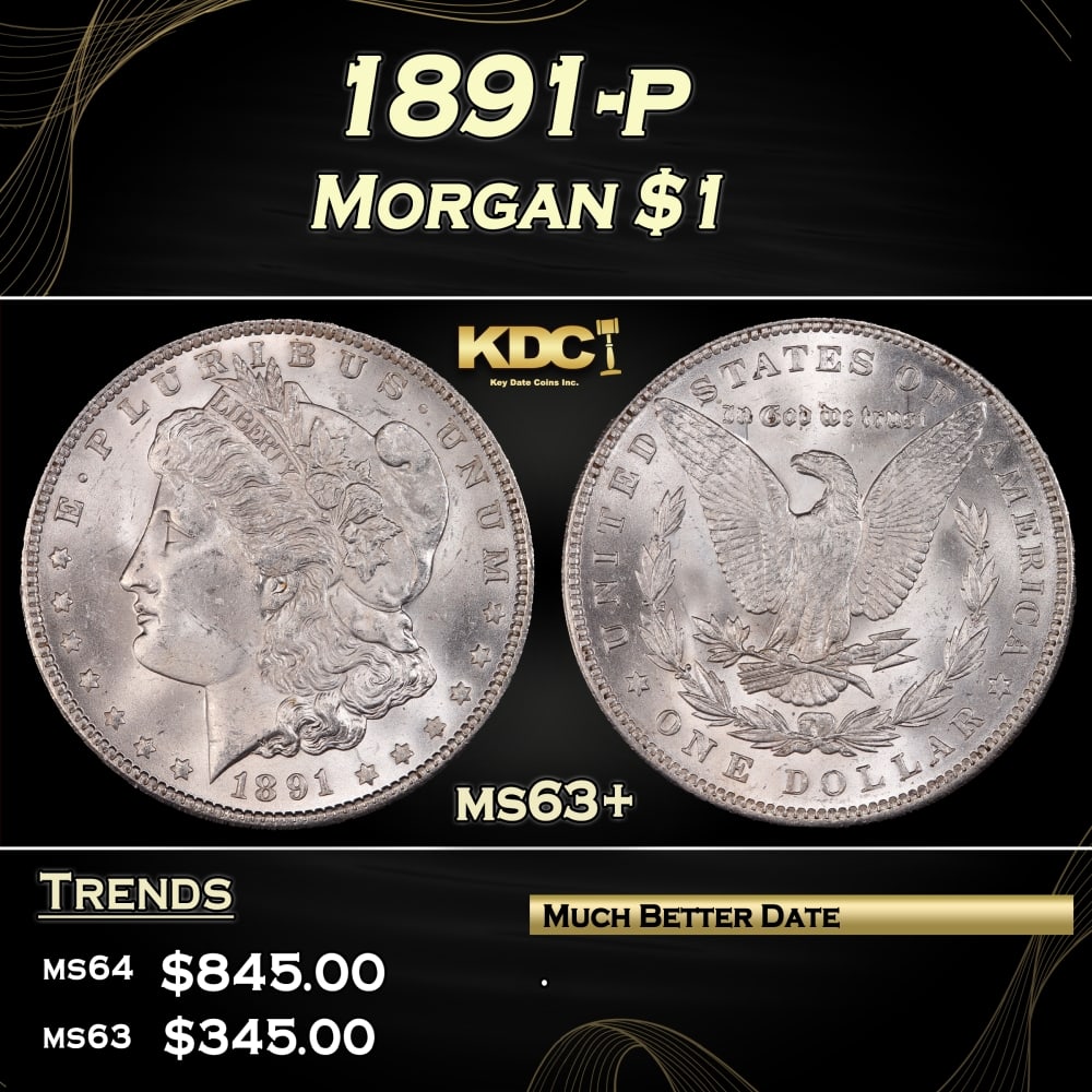 1891-p Morgan Dollar $1 Grades ms63+: 1891-p Morgan Dollar $1 Grades ms63+. 0 Historic precious metal trends is causing increased spot pricing by the day. On auctions with set openings, we are doing our best to have items priced at their