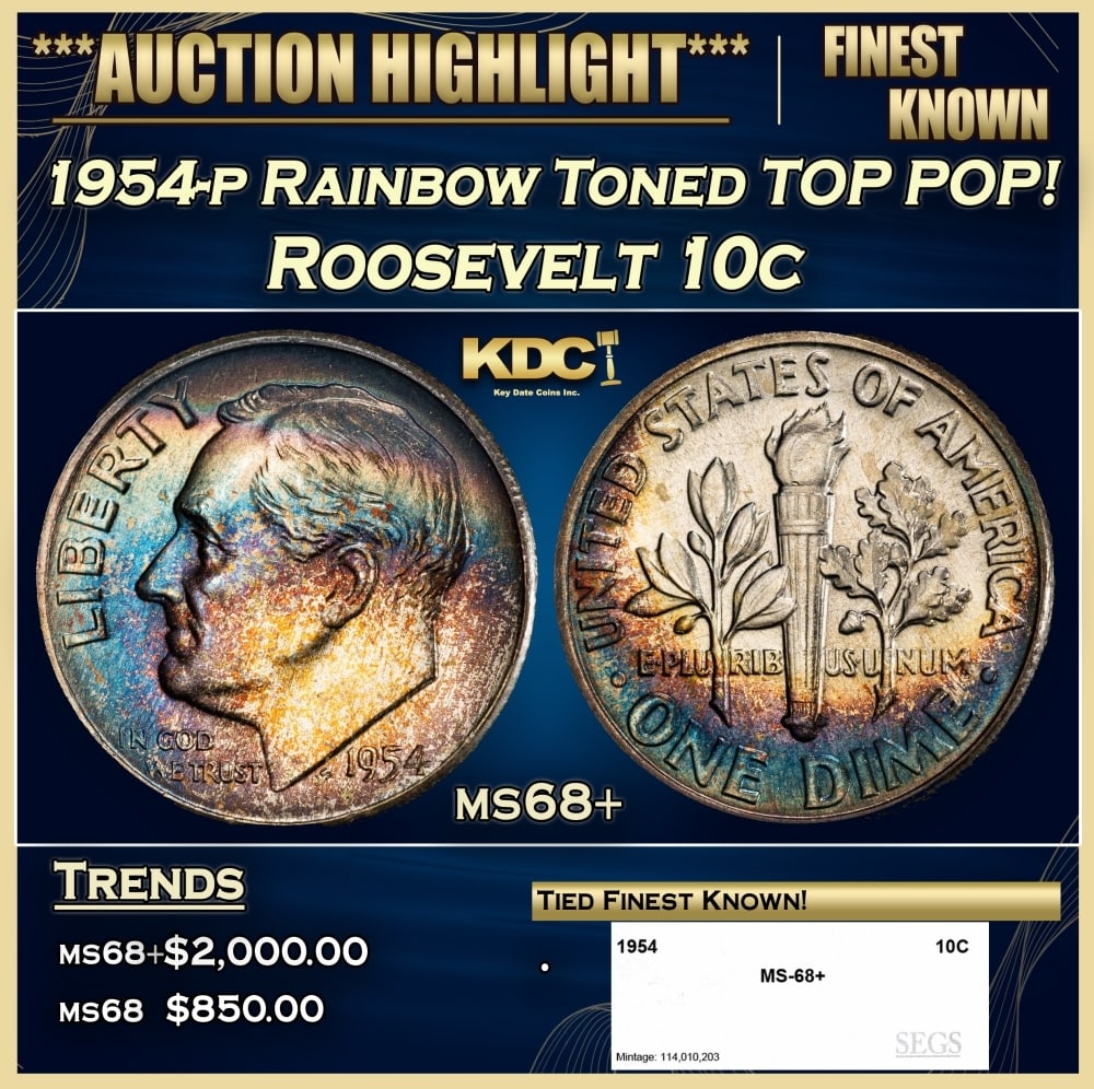 1954-p Roosevelt Dime Rainbow Toned TOP POP! 10c ms68+ SEGS (1 of 4)