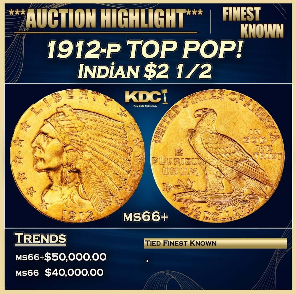 1912-p Gold Indian Quarter Eagle TOP POP! $2 1/2 ms66+ USCG: 1912-p TOP POP! Gold Indian Quarter Eagle $2 1/2 ms66+ USCG. Many Indian gold specialists consider the 1912 quarter eagle to be underrated in Gem and better condition. The spotlight is usually hogged