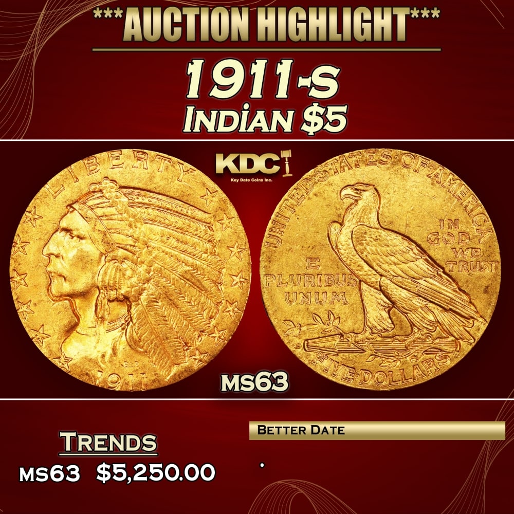 1911-s Gold Indian Half Eagle $5 ms63 USCG: 1911-s Gold Indian Half Eagle $5 ms63 USCG. The 1911-S is a better date in the Indian half eagle series, although not uncollectible. Mint State examples are occasionally available in the MS62 to MS63