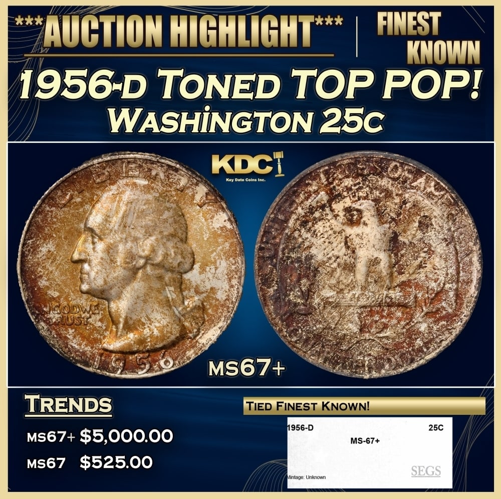 1956-d Washington Quarter Toned TOP POP! 25c ms67+ SEGS: 1956-d Toned TOP POP! Washington Quarter 25c ms67+ SEGS. 0 Historic precious metal trends is causing increased spot pricing by the day. On auctions with set openings, we are doing our best to have ite