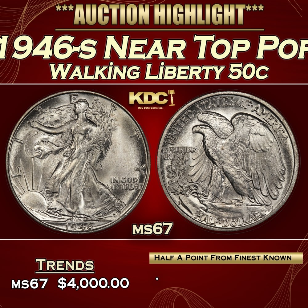 1946-s Walking Liberty Half Dollar Near Top Pop 50c ms67 SEGS: 1946-s Near Top Pop Walking Liberty Half Dollar 50c ms67 SEGS. 0 Historic precious metal trends is causing increased spot pricing by the day. On auctions with set openings, we are doing our best to ha
