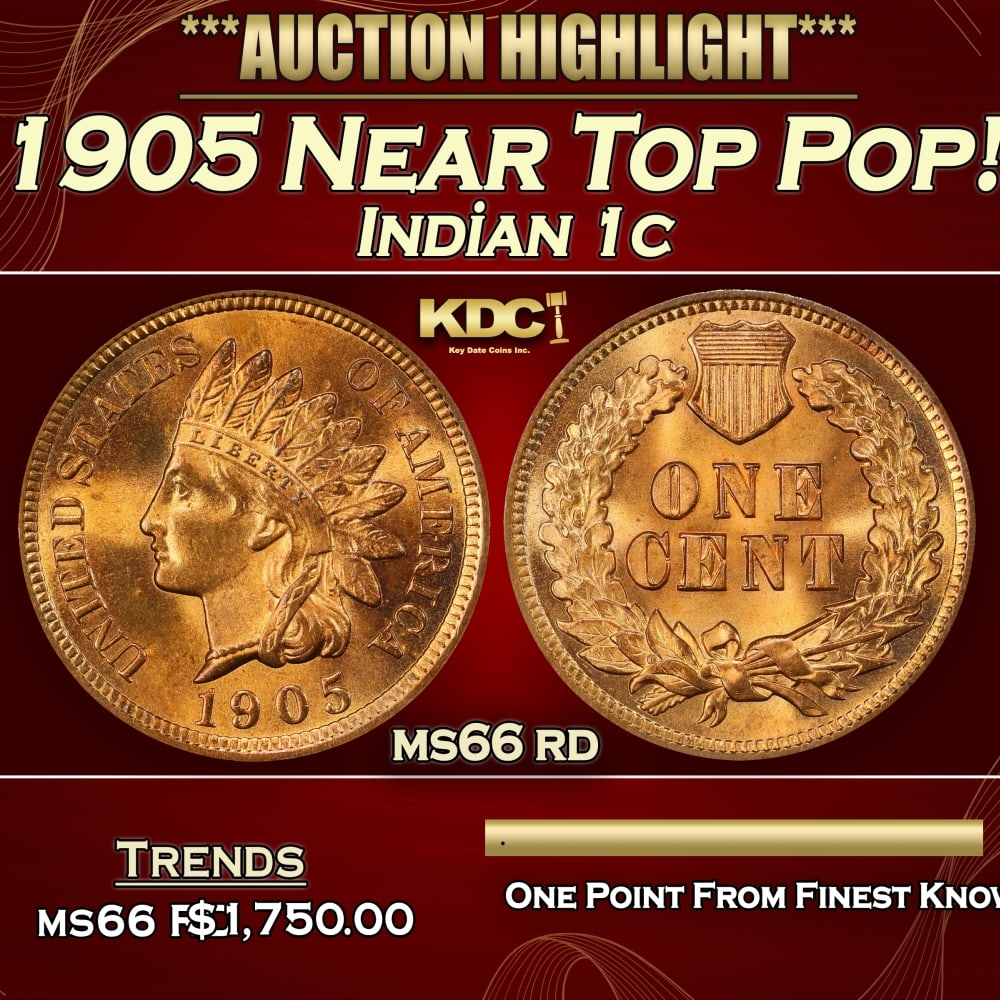 1905 Indian Cent Near Top Pop! 1c ms66 rd SEGS: 1905 Near Top Pop! Indian Cent 1c ms66 rd SEGS. 0 Historic precious metal trends is causing increased spot pricing by the day. On auctions with set openings, we are doing our best to have items priced