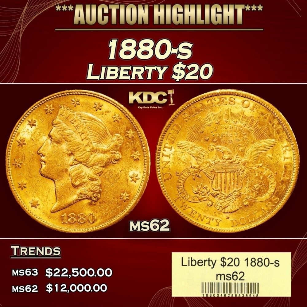 1880-s Gold Liberty Double Eagle $20 ms62 USCG (1 of 4)