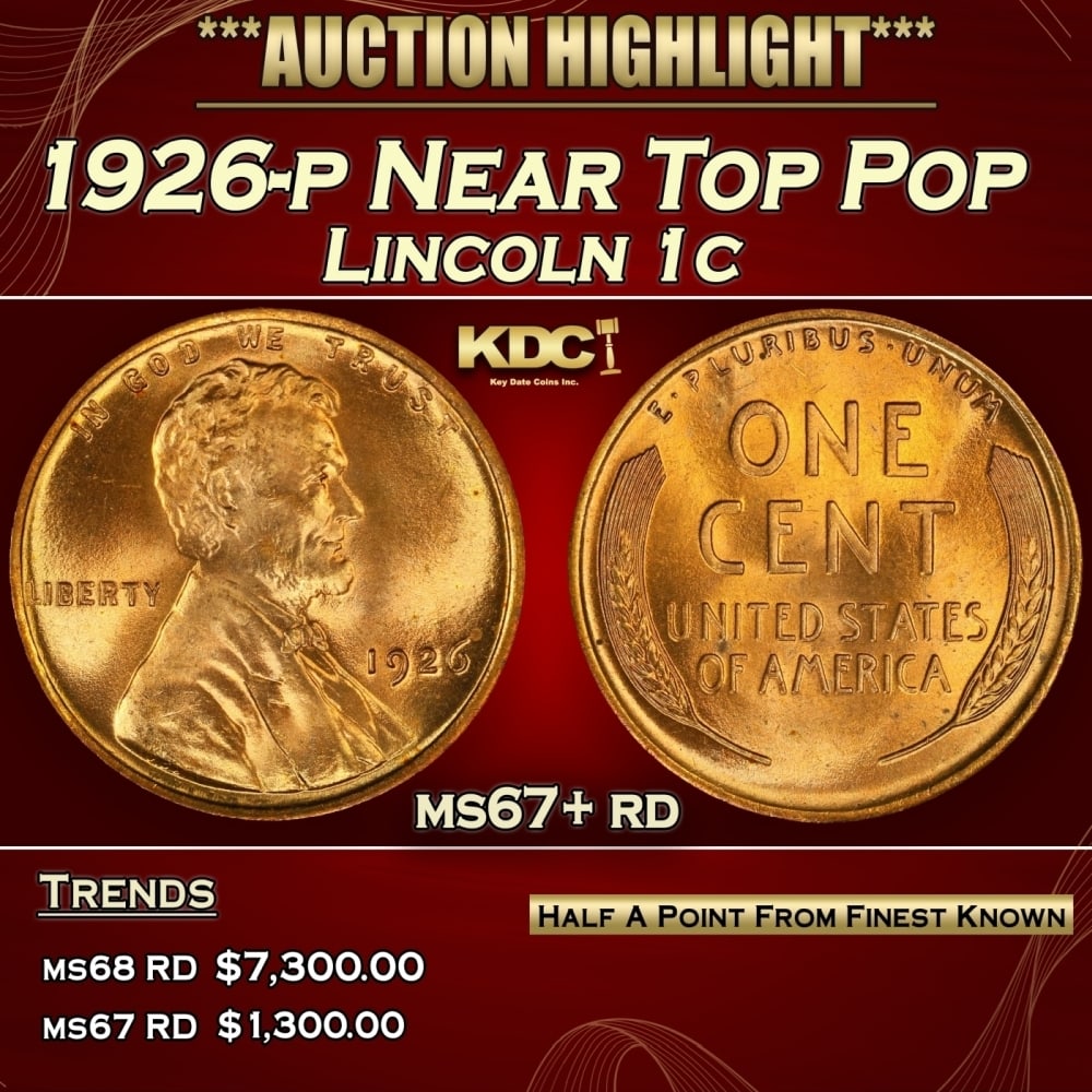 1926-p Lincoln Cent Near Top Pop 1c ms67+ rd SEGS: 1926-p Near Top Pop Lincoln Cent 1c ms67+ rd SEGS. 0 Historic precious metal trends is causing increased spot pricing by the day. On auctions with set openings, we are doing our best to have items pri