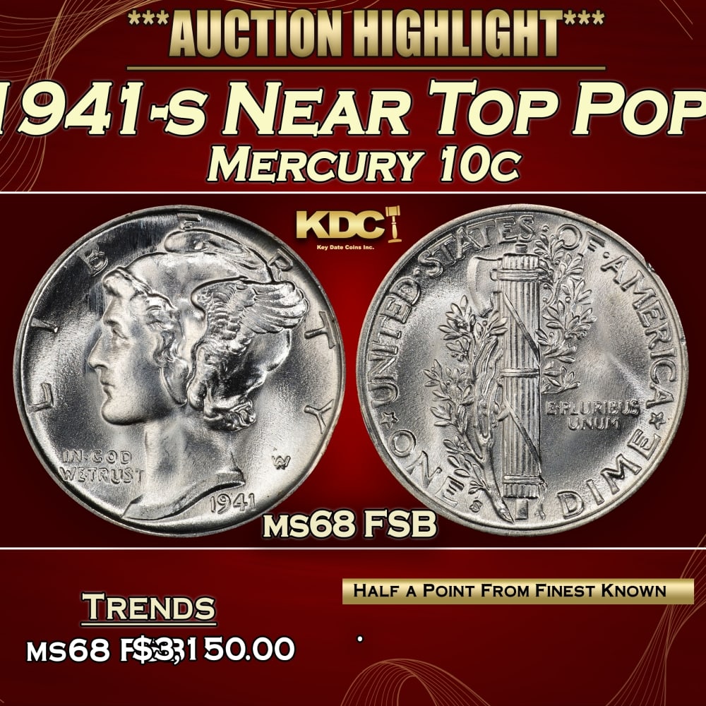 1941-s Mercury Dime Near Top Pop! 10c ms68 FSB SEGS: 1941-s Near Top Pop! Mercury Dime 10c ms68 FSB SEGS. 0 Historic precious metal trends is causing increased spot pricing by the day. On auctions with set openings, we are doing our best to have items p