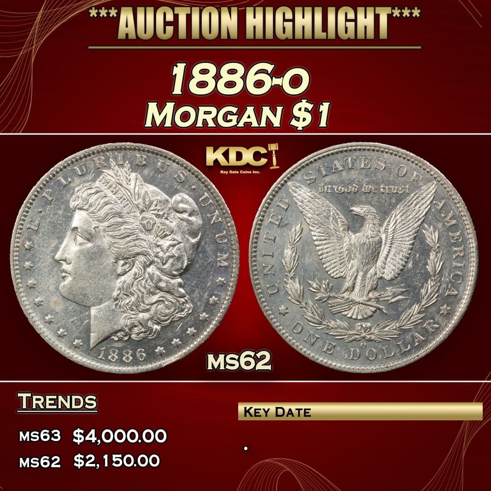 1886-o Morgan Dollar $1 ms62 USCG: 1886-o Morgan Dollar $1 ms62 USCG. 0 Historic precious metal trends is causing increased spot pricing by the day. On auctions with set openings, we are doing our best to have items priced at their mar