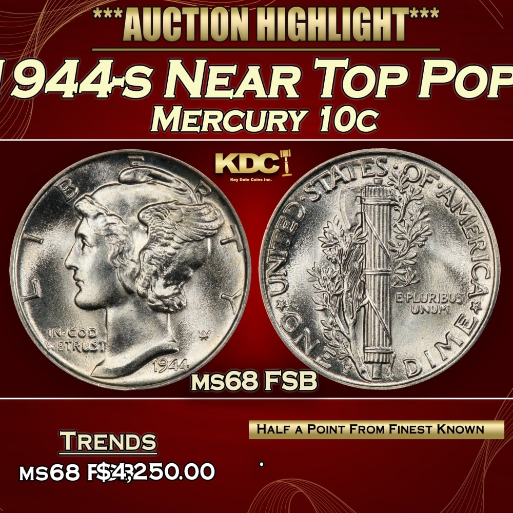 1944-s Mercury Dime Near Top Pop! 10c ms68 FSB SEGS: 1944-s Near Top Pop! Mercury Dime 10c ms68 FSB SEGS. 0 Historic precious metal trends is causing increased spot pricing by the day. On auctions with set openings, we are doing our best to have items p