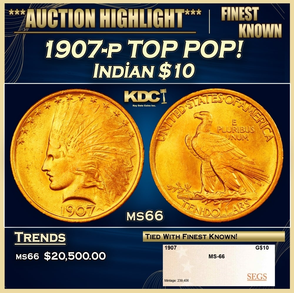 1907-p Gold Indian Eagle TOP POP! $10 ms66 SEGS: 1907-p TOP POP! Gold Indian Eagle $10 ms66 SEGS. 0 Historic precious metal trends is causing increased spot pricing by the day. On auctions with set openings, we are doing our best to have items price