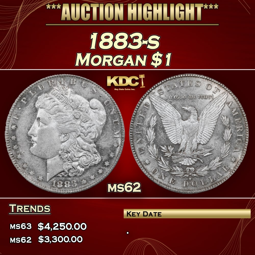 1883-s Morgan Dollar $1 ms62 USCG: 1883-s Morgan Dollar $1 ms62 USCG. 0 Historic precious metal trends is causing increased spot pricing by the day. On auctions with set openings, we are doing our best to have items priced at their mar