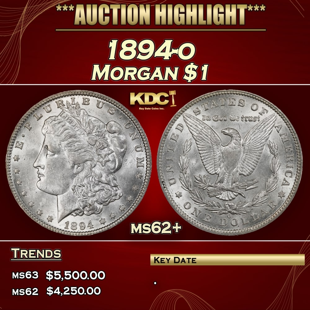 1894-o Morgan Dollar $1 ms62+ USCG: 1894-o Morgan Dollar $1 ms62+ USCG. 0 Historic precious metal trends is causing increased spot pricing by the day. On auctions with set openings, we are doing our best to have items priced at their ma