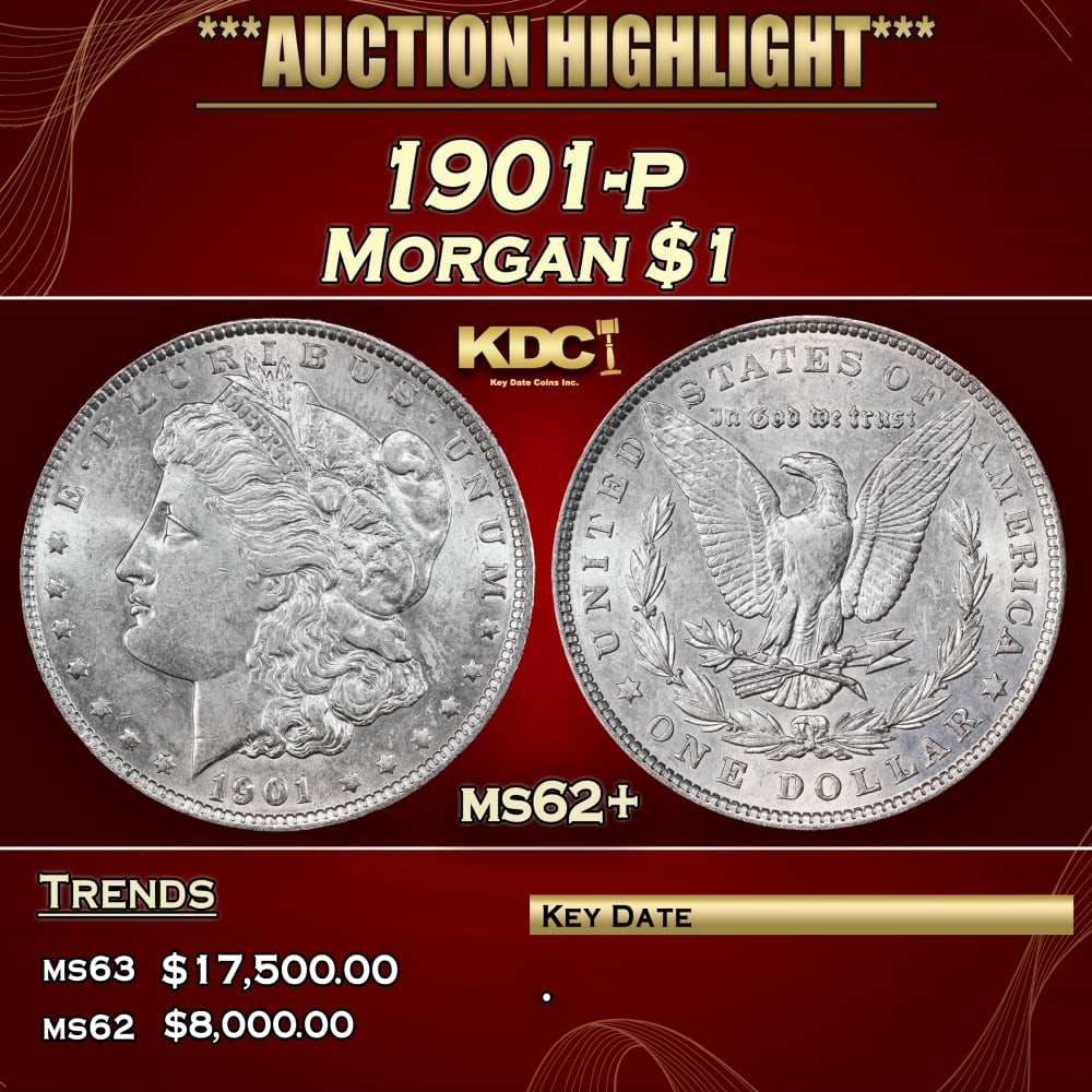 1901-p Morgan Dollar $1 ms62+ USCG: 1901-p Morgan Dollar $1 ms62+ USCG. A Key Date's Pick, Bid to Win, Don't let it get Away, you might not find its equal CoinHistoric precious metal trends is causing increased spot pricing by the day.