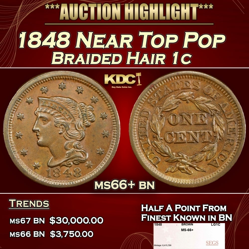 1848 Braided Hair Large Cent Near Top Pop 1c ms66+ bn SEGS (1 of 4)