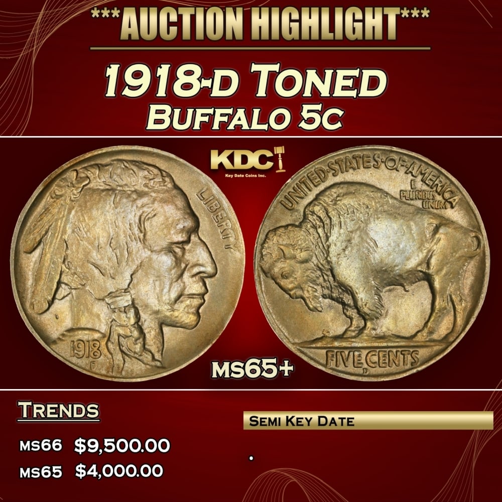 1918-d Buffalo Nickel Toned 5c ms65+ SEGS (1 of 3)