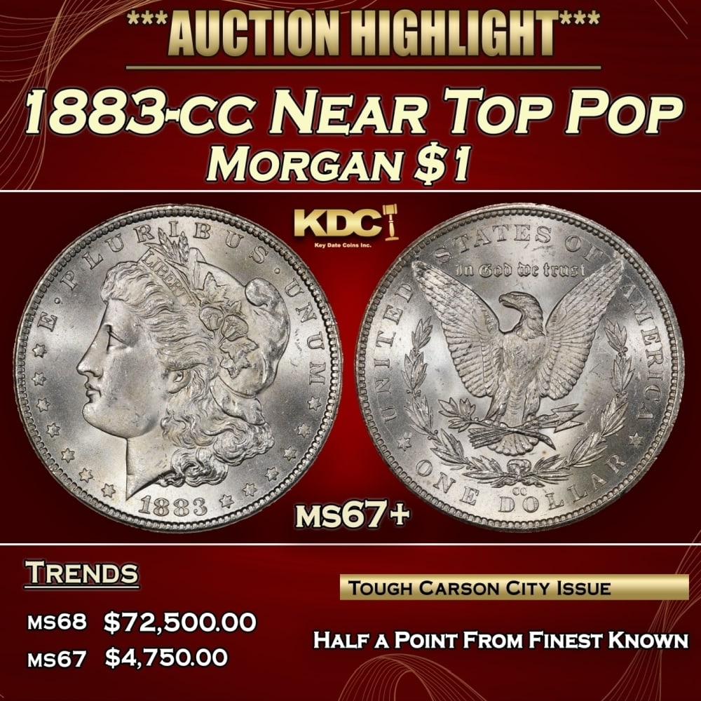 1883-cc Morgan Dollar Near Top Pop $1 ms67+ SEGS: 1883-cc Near Top Pop Morgan Dollar $1 ms67+ SEGS. 0 Historic precious metal trends is causing increased spot pricing by the day. On auctions with set openings, we are doing our best to have items pric