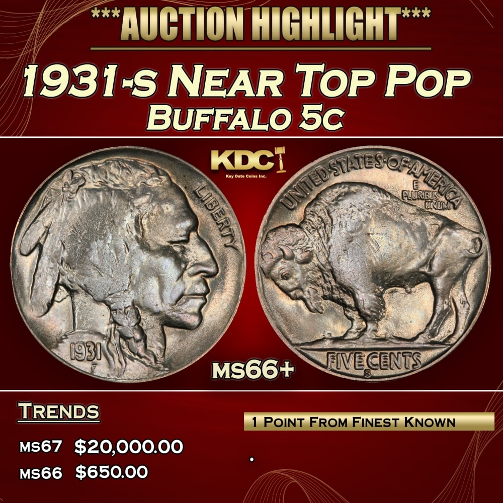 1931-s Buffalo Nickel Near Top Pop 5c ms66+ SEGS: 1931-s Near Top Pop Buffalo Nickel 5c ms66+ SEGS. 0 Historic precious metal trends is causing increased spot pricing by the day. On auctions with set openings, we are doing our best to have items pric