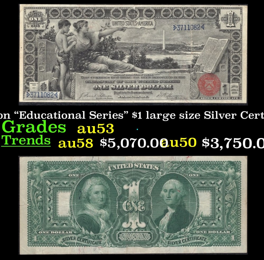 1896 $1 large size Silver Certificate Martha & George Washington "Educational Series" Grades Select: 1896 $1 large size Silver Certificate Martha & George Washington "Educational Series" Grades Select AU Signatures Tillman/Morgan. FR-224 In 1896, the U.S. Treasury printed Silver Certificates with bea